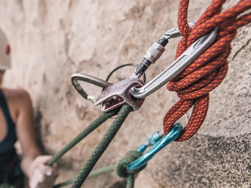 A close-up of high-strength safety webbing for climbing cords.