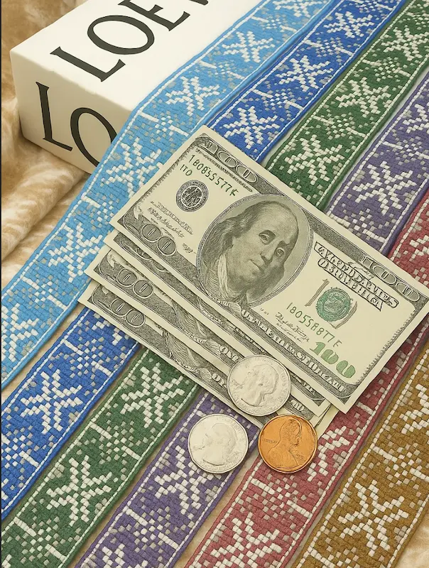 Rollos de cintas de colores apilados junto a billetes para ilustrar los factores que afectan al precio de la cinta.
