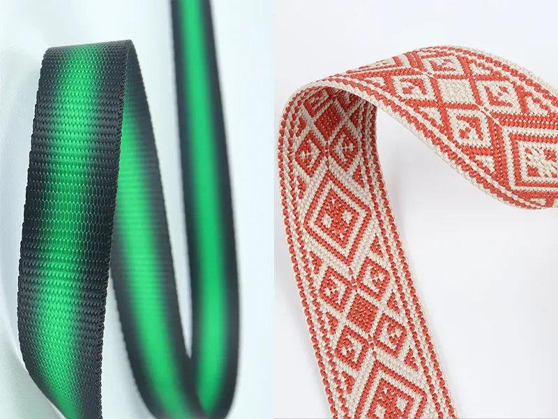 Comparación lado a lado de una cinta jacquard tejida y duradera y una cinta impresa en superficie.