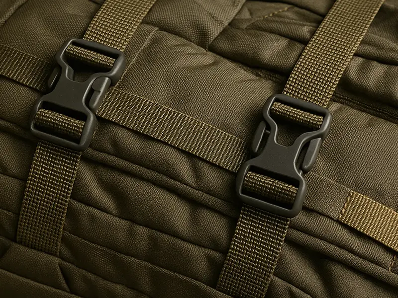Primer plano de cintas de nailon resistentes en una mochila de exterior de alta calidad.
