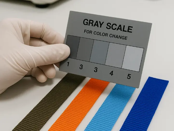 Ensayo de solidez del color de la cinta en laboratorio, comparando muestras de cinta de distintos colores con una tarjeta de escala de grises estándar.