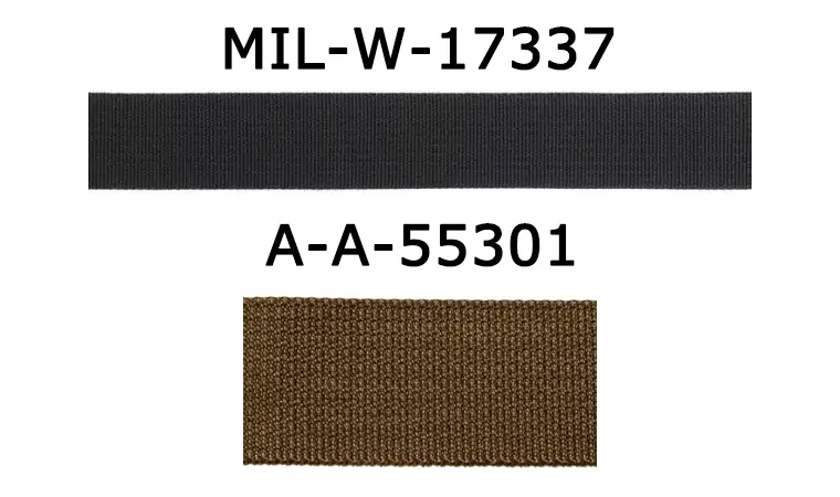 Comparación lado a lado de las cintas militares MIL-W-17337 y A-A-55301, con las diferencias de textura y tejido resaltadas.