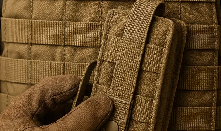 Primer plano de un chaleco táctico que muestra la cuadrícula de cinta PALS con un bolsillo compatible con MOLLE siendo fijado.