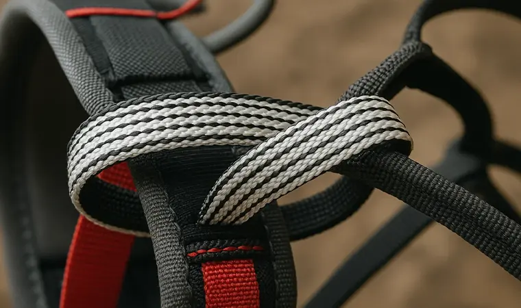Primer plano de una cinta Dyneema de alto rendimiento utilizada en un arnés de escalada, que muestra su resistencia y su ligereza.