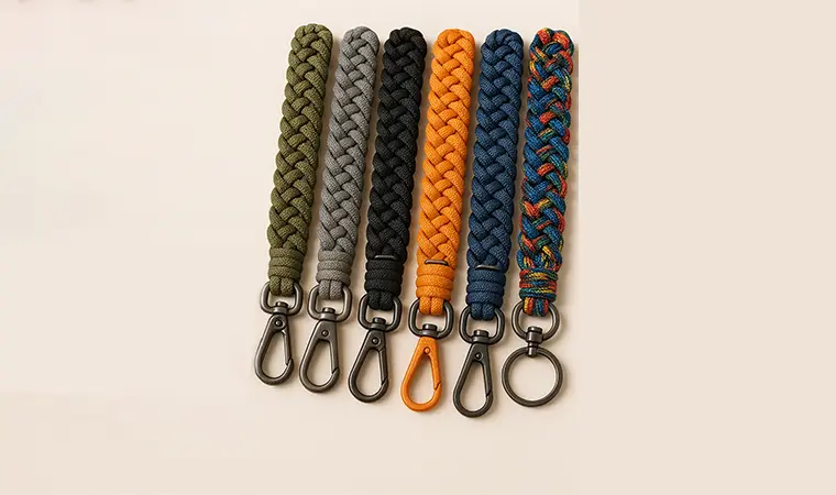 Una colección de cintas trenzadas de paracord multifuncionales en varios colores, que muestra sus intrincados tejidos y su duradero herraje metálico.
