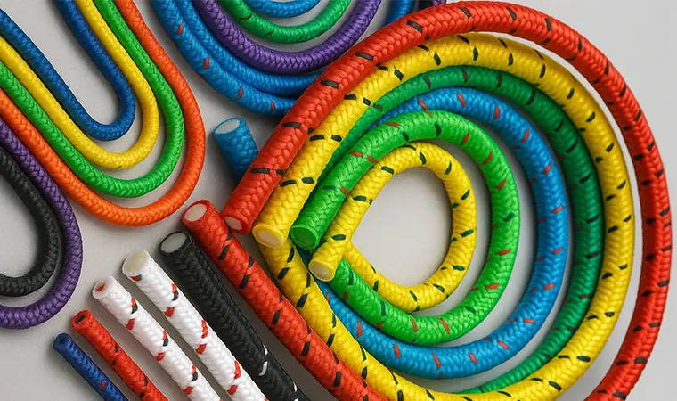 Colección de cordones elásticos de colores en varios diámetros, que muestra sus fundas trenzadas y sus núcleos interiores de caucho.