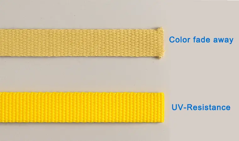 Comparación lado a lado de cintas expuestas a la luz solar: una muestra aparece descolorida y deshilachada, mientras la muestra resistente al UV se mantiene intacta y con color vivo.