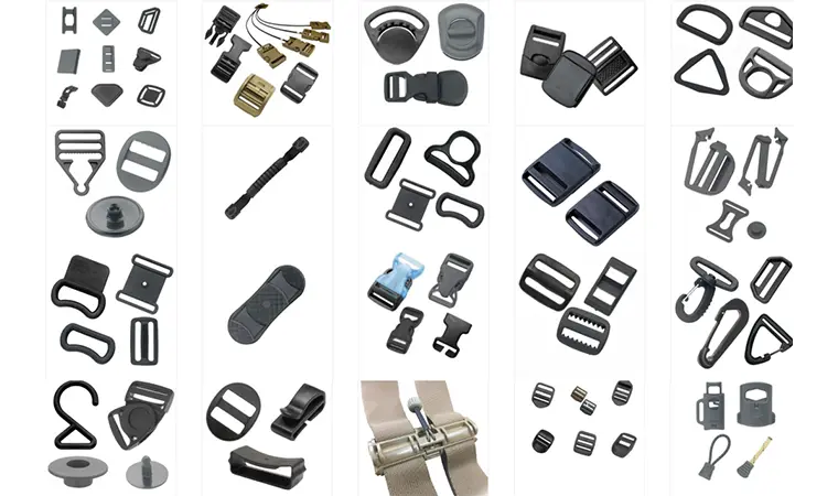 Conjunto de hebillas metálicas de liberación rápida y reguladores de alta calidad para cinturones tácticos y equipamiento de alta exigencia.
