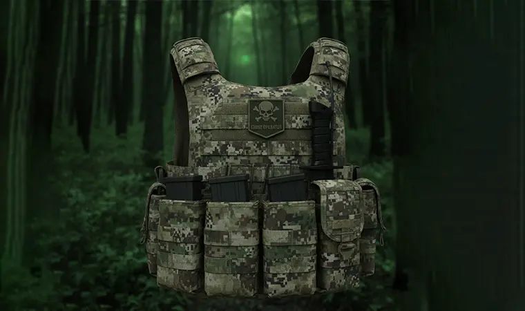 Chaleco táctico militar con cinta jacquard de camuflaje conforme a IRR, indetectable con visión nocturna.