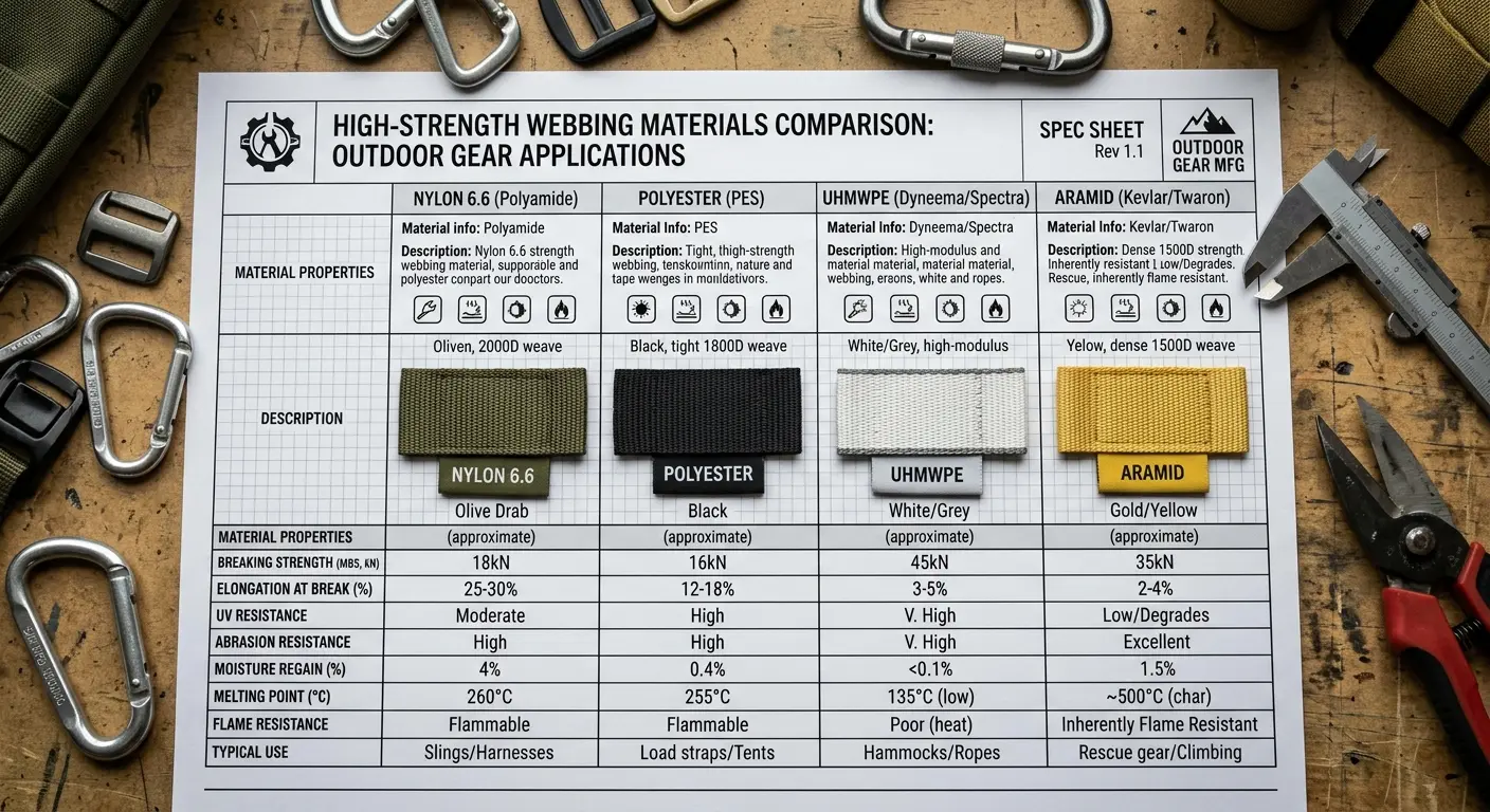 Comparación de materiales de cinta de alta resistencia —nailon 6.6, poliéster, UHMWPE y aramida— sobre una ficha de especificaciones técnicas para la fabricación de equipo exterior.