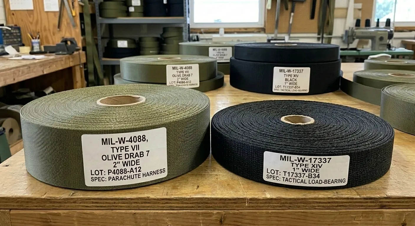 Rollos de cinta de nailon de especificación militar conformes a MIL-W-4088 y MIL-W-17337 en verde oliva y negro, con densidades de tejido distintas para aplicaciones de paracaídas y tácticas.