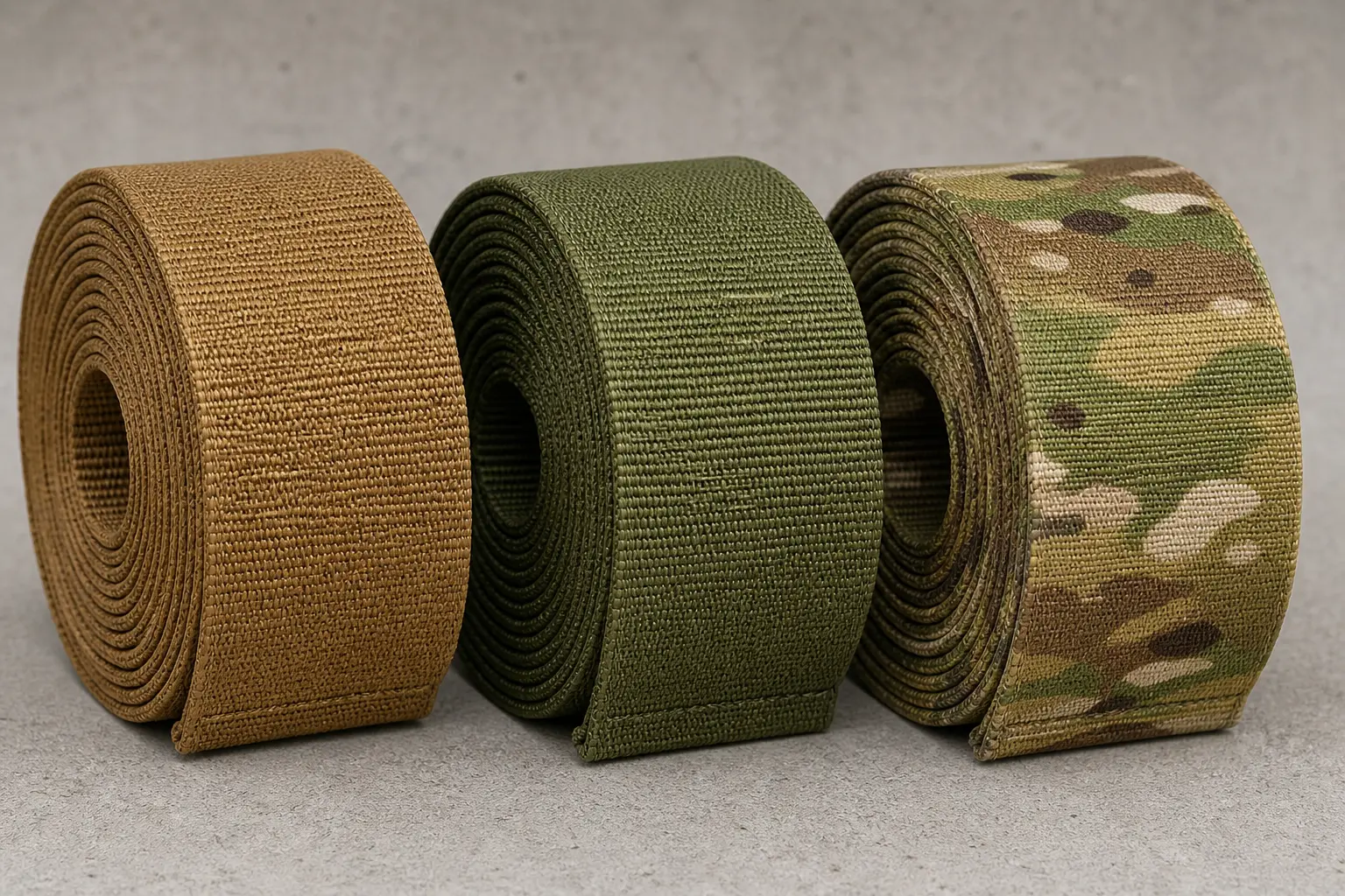 Рулоны военной стропы Mil-Spec в цветах Coyote Brown, Ranger Green и камуфляжных рисунках MultiCam, расположенные рядом.