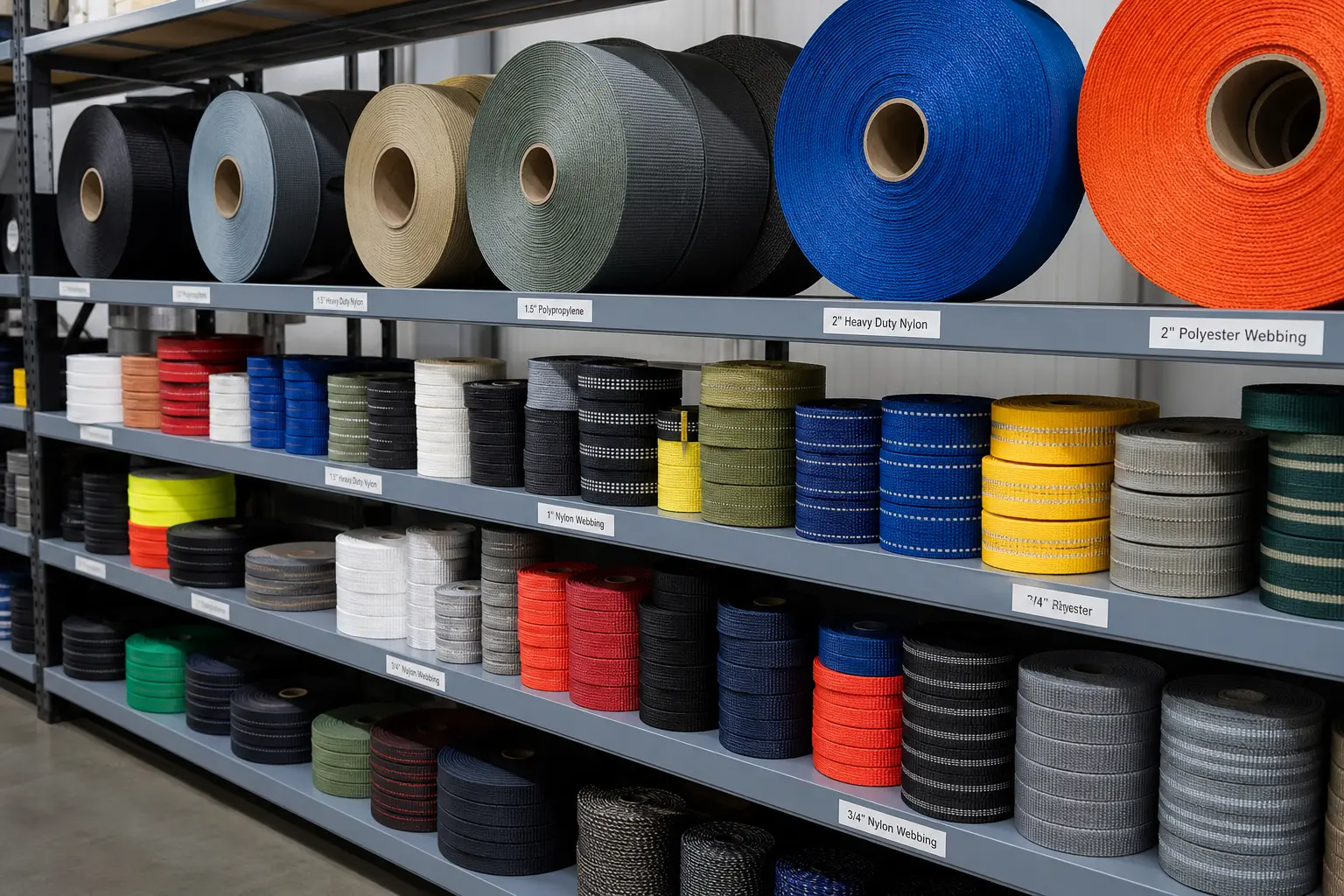 Rollos de cinta de colores apilados en una estantería de fábrica, con distintos materiales y anchos disponibles para la producción según la cantidad mínima de pedido.