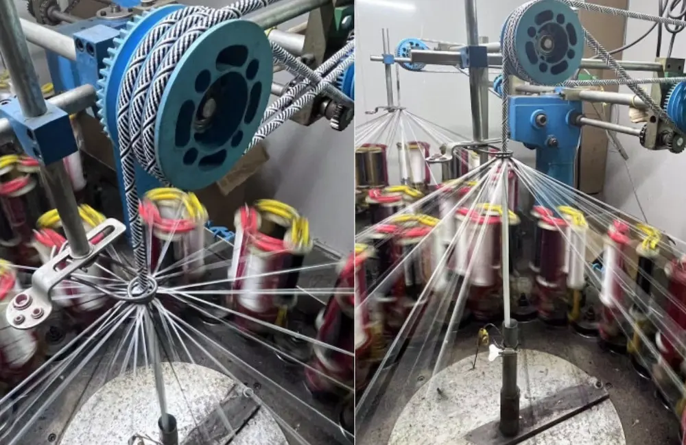 Máquinas trenzadoras en una fábrica de cordones que producen cuerdas de poliéster y elásticas de colores.