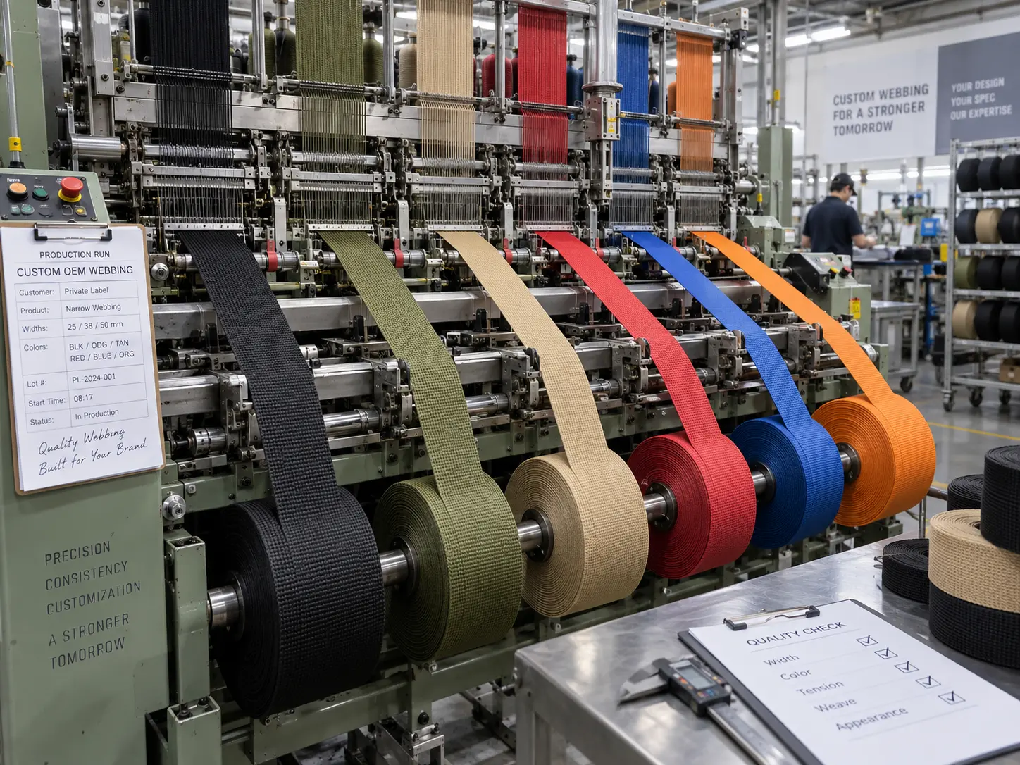 Rollos de cinta OEM personalizada en varios colores y anchos sobre un telar industrial de cintas estrechas en una fábrica de cintas, al inicio de una producción de marca blanca.
