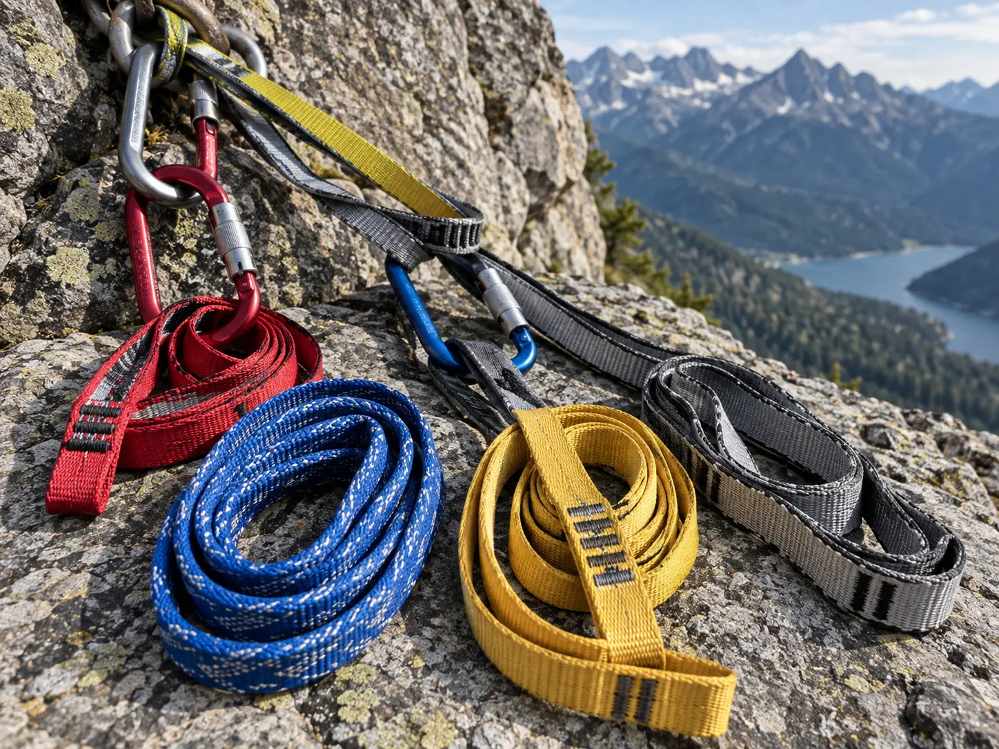 Скрученные альпинистские петли и стропы из нейлона и Dyneema с карабинами на скальной стене: плоская и трубчатая стропа в системах анкерных станций.