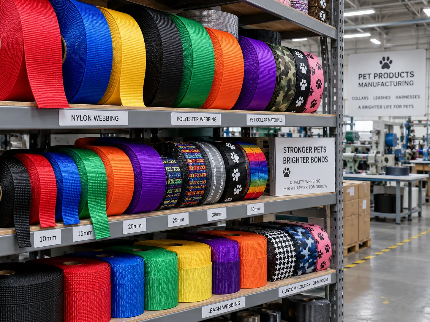 Rollos de cinta de nailon y poliéster de colores para collares de perro en varios anchos sobre un estante de fábrica, listos para un programa de fabricación de productos para mascotas al por mayor.