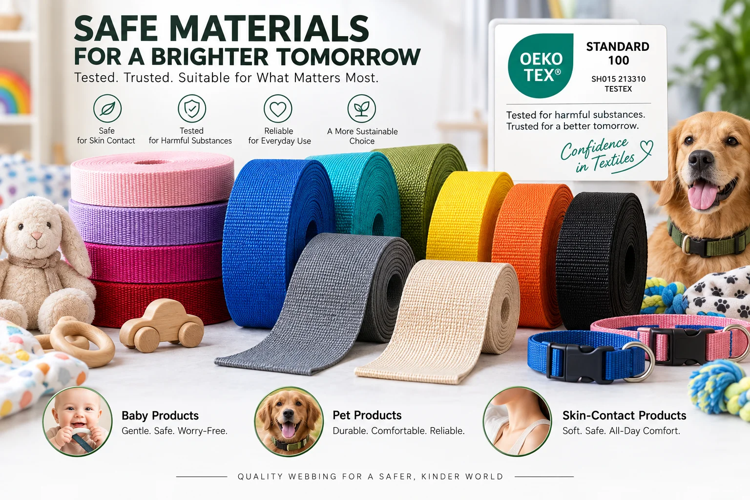 Рулоны сертифицированной стропы разных цветов с этикеткой доверия OEKO-TEX STANDARD 100: протестированные текстильные компоненты для детских товаров, зоотоваров и изделий с контактом с кожей.