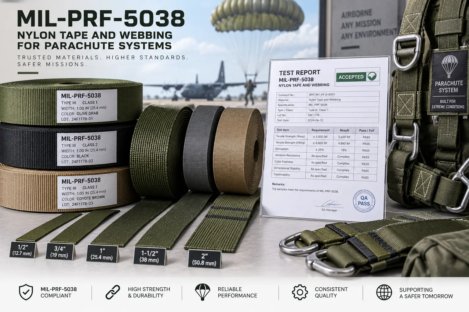 Rollos de cinta y tejido estrecho de nailon de especificación militar para sistemas de paracaídas con la documentación de ensayo, mostrando tejido estrecho fabricado según los requisitos de MIL-DTL-5038.