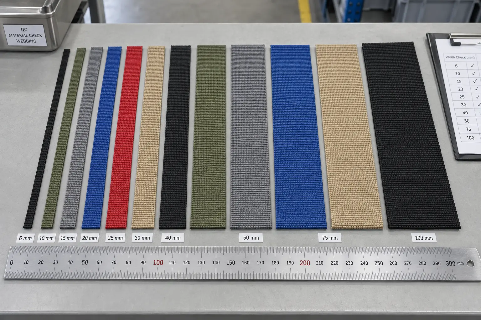 Comparación lado a lado de cintas estrechas en anchos de 6 mm a 100 mm, ordenadas por tamaño sobre una mesa de inspección de fábrica con una regla de acero para medirlas.